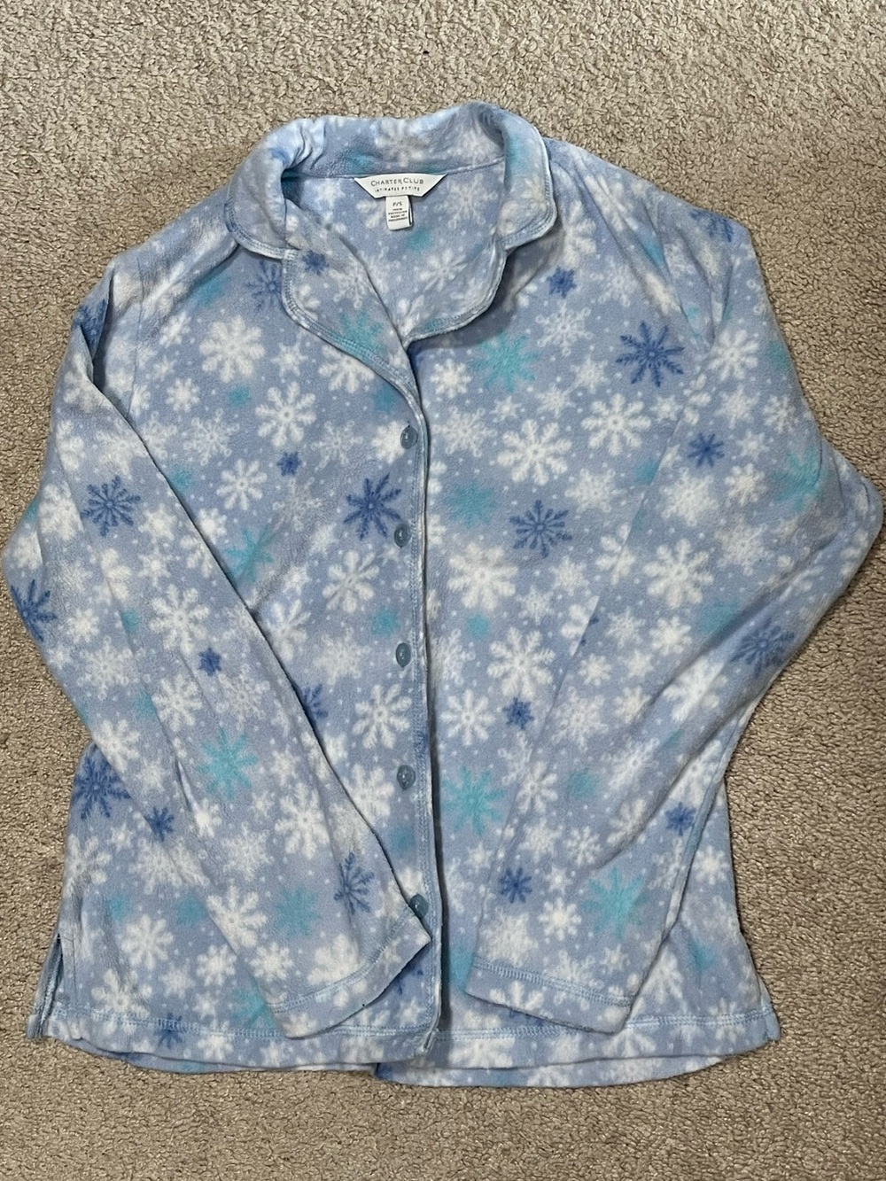 Charter Club Blue White Snowflake Fleece Pajama Top